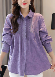 Organic Purple Embroidered Lace Patchwork Cotton Shirts Tops Spring