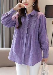 Organic Purple Embroideried Lace Patchwork Cotton Shirts Tops Spring