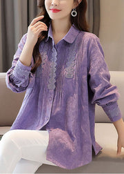 Organic Purple Embroidered Lace Patchwork Cotton Shirts Tops Spring