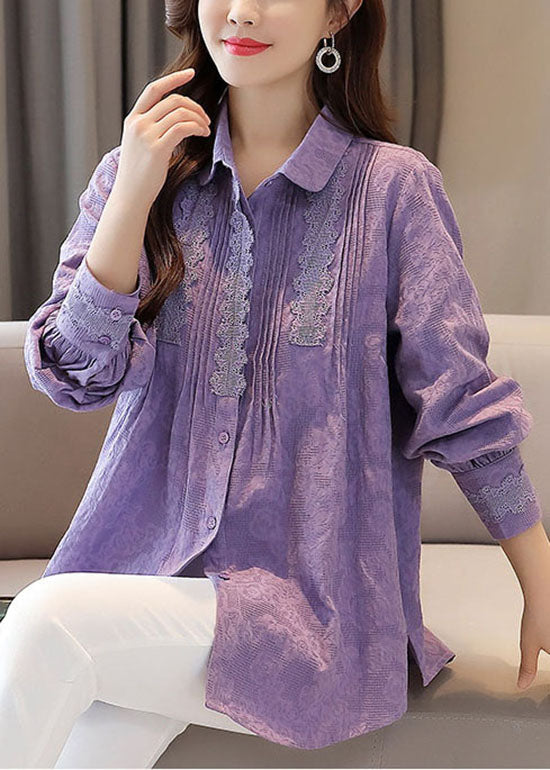 Organic Purple Embroidered Lace Patchwork Cotton Shirts Tops Spring