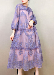 Organic Purple Embroideried Lace Up Patchwork Tulle Dresses Summer