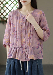Organic Purple O-Neck Print Wrinkled Linen Shirt Summer