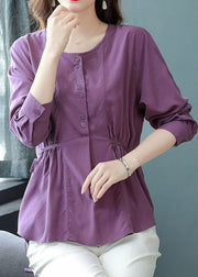 Organic Purple O Neck Wrinkled Lace Up Patchwork Cotton Top Long Sleeve