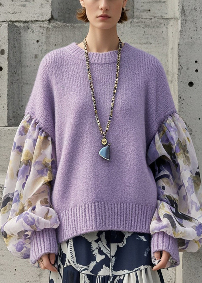 Organic Purple Oversized Patchwork Print Sweaters Lantern Sleeve