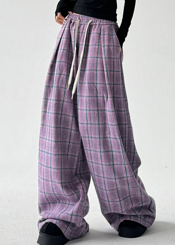 Organic Purple Pockets Plaid Drawstring Straight Pants Spring