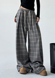 Organic Purple Pockets Plaid Drawstring Straight Pants Spring