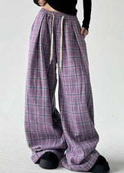 Organic Purple Pockets Plaid Drawstring Straight Pants Spring