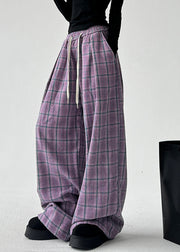 Organic Purple Pockets Plaid Drawstring Straight Pants Spring