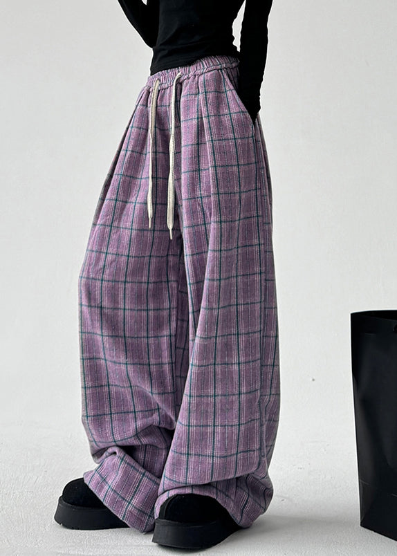 Organic Purple Pockets Plaid Drawstring Straight Pants Spring