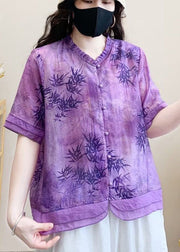 Organic Purple Print Patchwork Ruffled Linen Shirt Top Summer