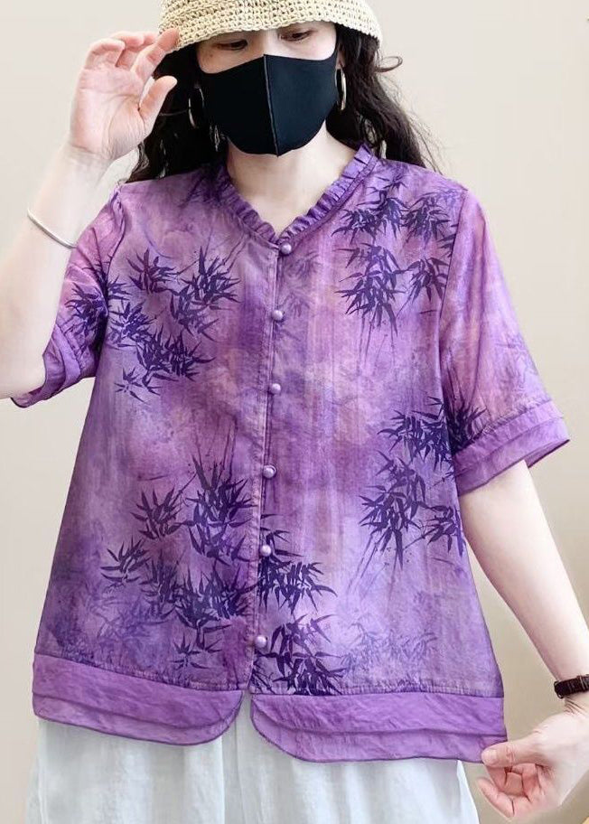 Organic Purple Print Patchwork Ruffled Linen Shirt Top Summer