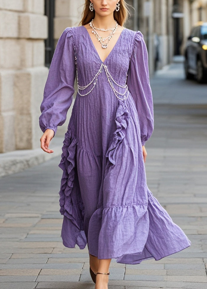 Organic Purple Ruffled Nail Bead Cotton Long Dress Fall