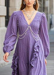 Organic Purple Ruffled Nail Bead Cotton Long Dress Fall