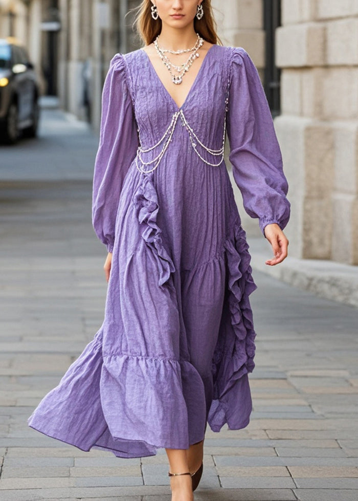 Organic Purple Ruffled Nail Bead Cotton Long Dress Fall