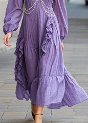 Organic Purple Ruffled Nail Bead Cotton Long Dress Fall