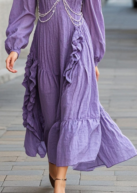 Organic Purple Ruffled Nail Bead Cotton Long Dress Spring