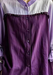 Organic Purple Ruffled Patchwork Linen Shirt Top Flare Sleeve