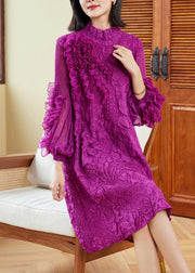 Organic Purple Stand Collar Ruffled Patchwork Wrinkled Maxi Dress Puff Sleeve