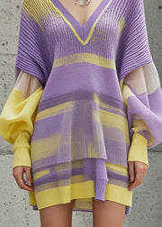 Organic Purple Tie Dye Patchwork Knitwear Dress Lantern Sleeve