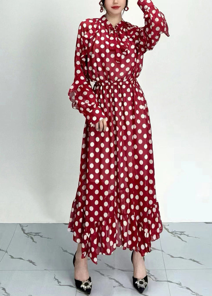 Organic Red Dot Print Ruffled Chiffon Dresses Long Sleeve