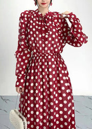 Organic Red Dot Print Ruffled Chiffon Dresses Long Sleeve