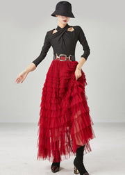 Organic Red Elastic Waist Layered Tulle A Line Skirt Summer