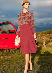 Organic Red O Neck Print Patchwork Woolen Dresses Winter