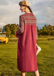 Organic Red O Neck Print Patchwork Woolen Dresses Winter