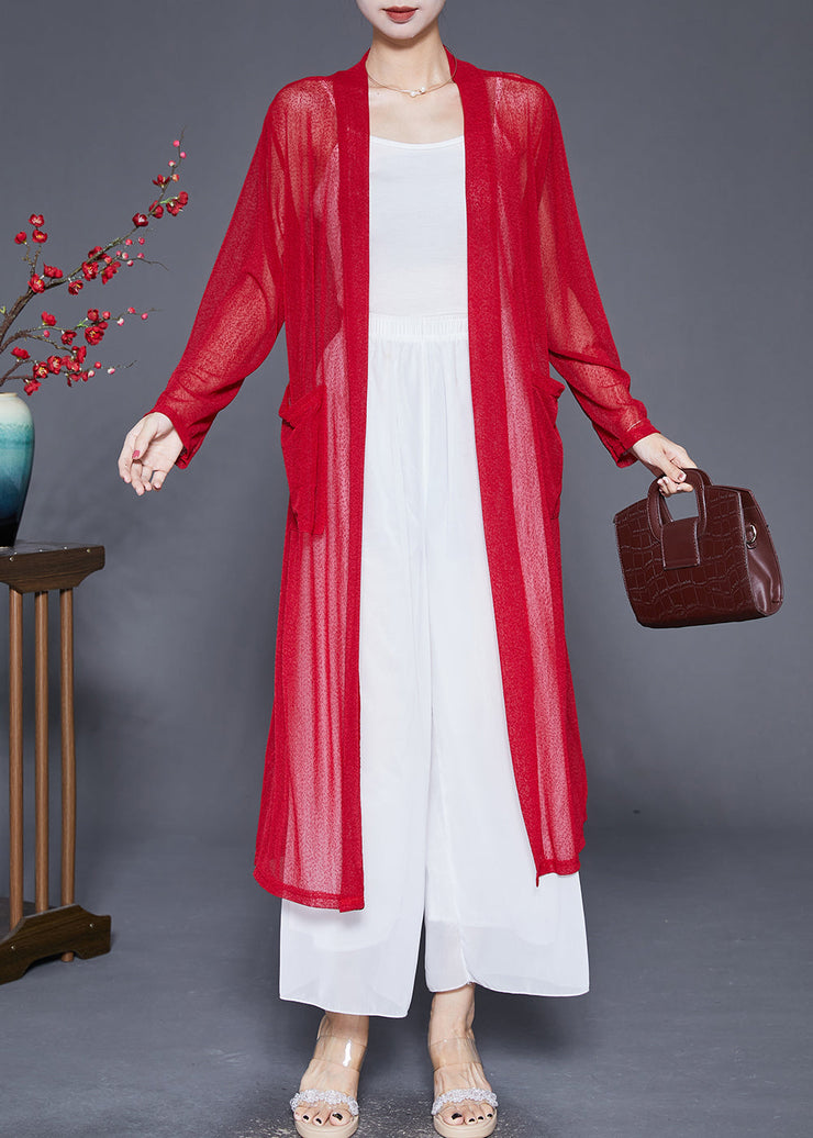 Organic Red Oversized Pockets Cotton Long Cardigan Fall