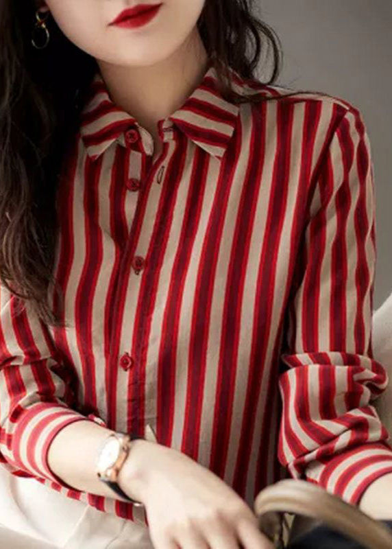 Organic Red Peter Pan Collar Striped Button Low High Design Chiffon Shirts Long Sleeve