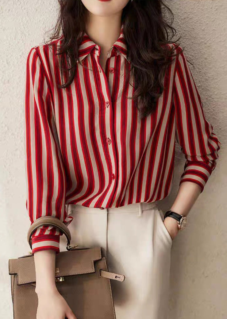 Organic Red Peter Pan Collar Striped Button Low High Design Chiffon Shirts Long Sleeve