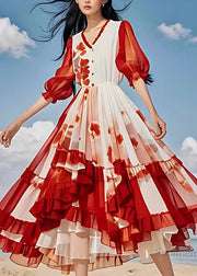 Organic Red Print Patchwork High Waist Chiffon Long Dress Lantern Sleeve