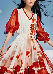 Organic Red Print Patchwork High Waist Chiffon Long Dress Lantern Sleeve