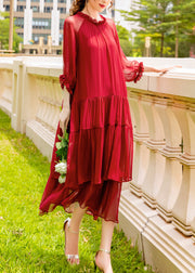 Organic Red Ruffled Patchwork Silk Long Dress Summer