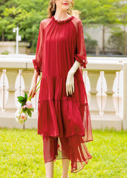 Organic Red Ruffled Patchwork Silk Long Dress Summer