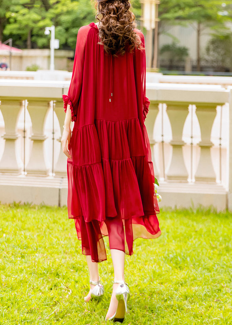 Organic Red Ruffled Patchwork Silk Long Dress Summer