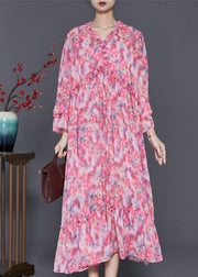 Organic Red Ruffled Print Chiffon Long Dresses Flare Sleeve