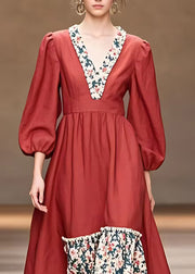 Organic Red Ruffled Print Long Dresses Fall