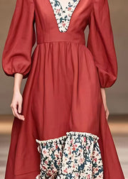 Organic Red Ruffled Print Long Dresses Fall