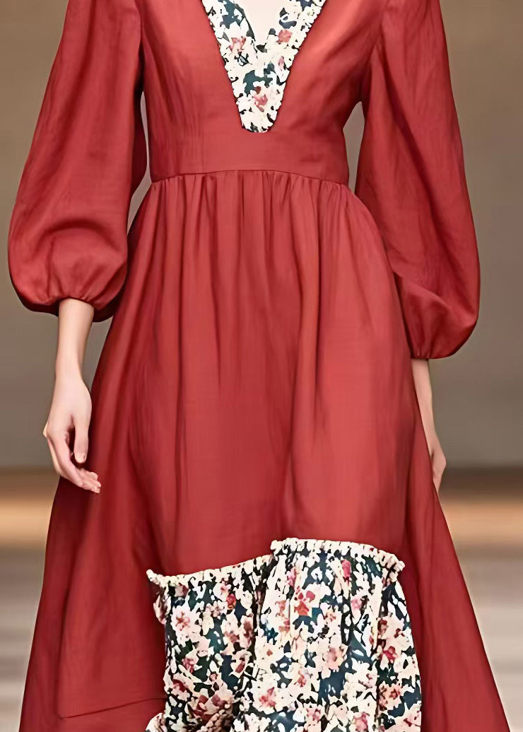 Organic Red Ruffled Print Long Dresses Fall