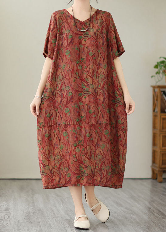 Organic Red V Neck Print Patchwork Cotton Long Dresses Summer