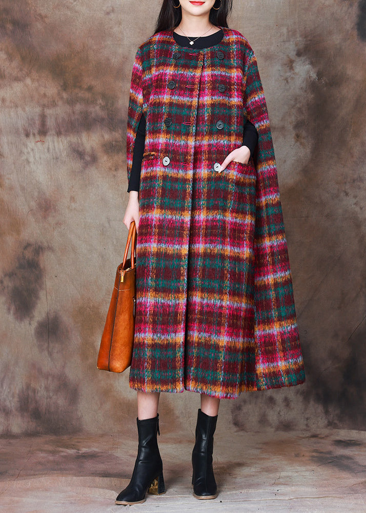 Organic Rose Plaid Double Breast Woolen Coats Cloak Sleeves