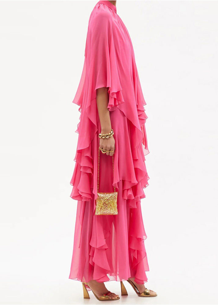 Organic Rose Ruffled Asymmetrical Design Silk Maxi Dresses Spring