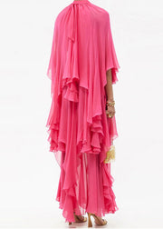 Organic Rose Ruffled Asymmetrical Design Silk Maxi Dresses Spring