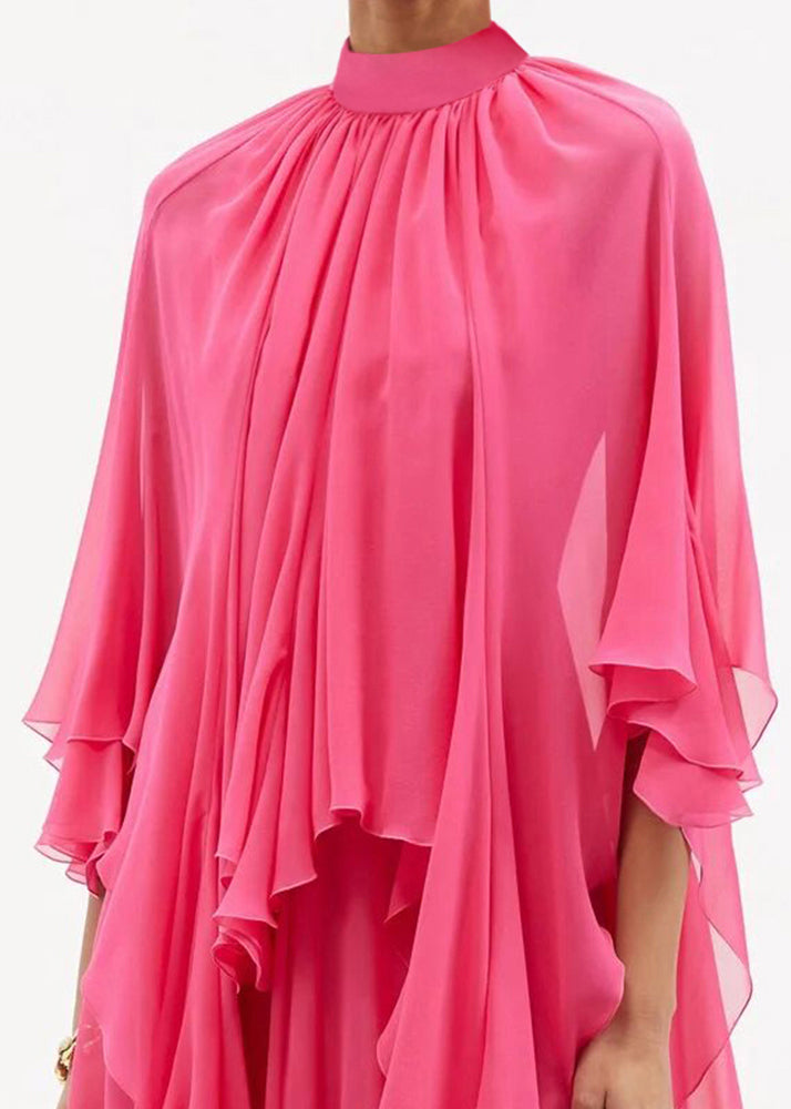 Organic Rose Ruffled Asymmetrical Design Silk Maxi Dresses Spring