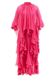 Organic Rose Ruffled Asymmetrical Design Silk Maxi Dresses Spring