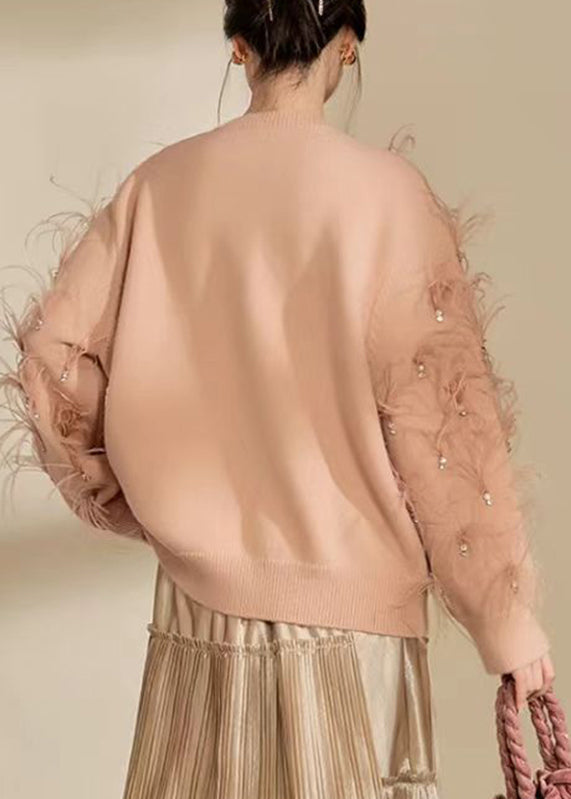 Organic Skin Pink O-Neck Zircon Feather Cotton Knit Sweater Spring