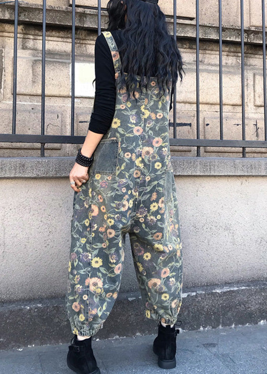 Organic Slash Neck Print Patchwork Denim Jumpsuit Spring