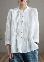 Organic Stand Collar Cinched Spring Linen Shirt Tunics White Cotton Blouse - SooLinen