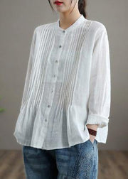 Organic Stand Collar Cinched Spring Linen Shirt Tunics White Cotton Blouse - SooLinen